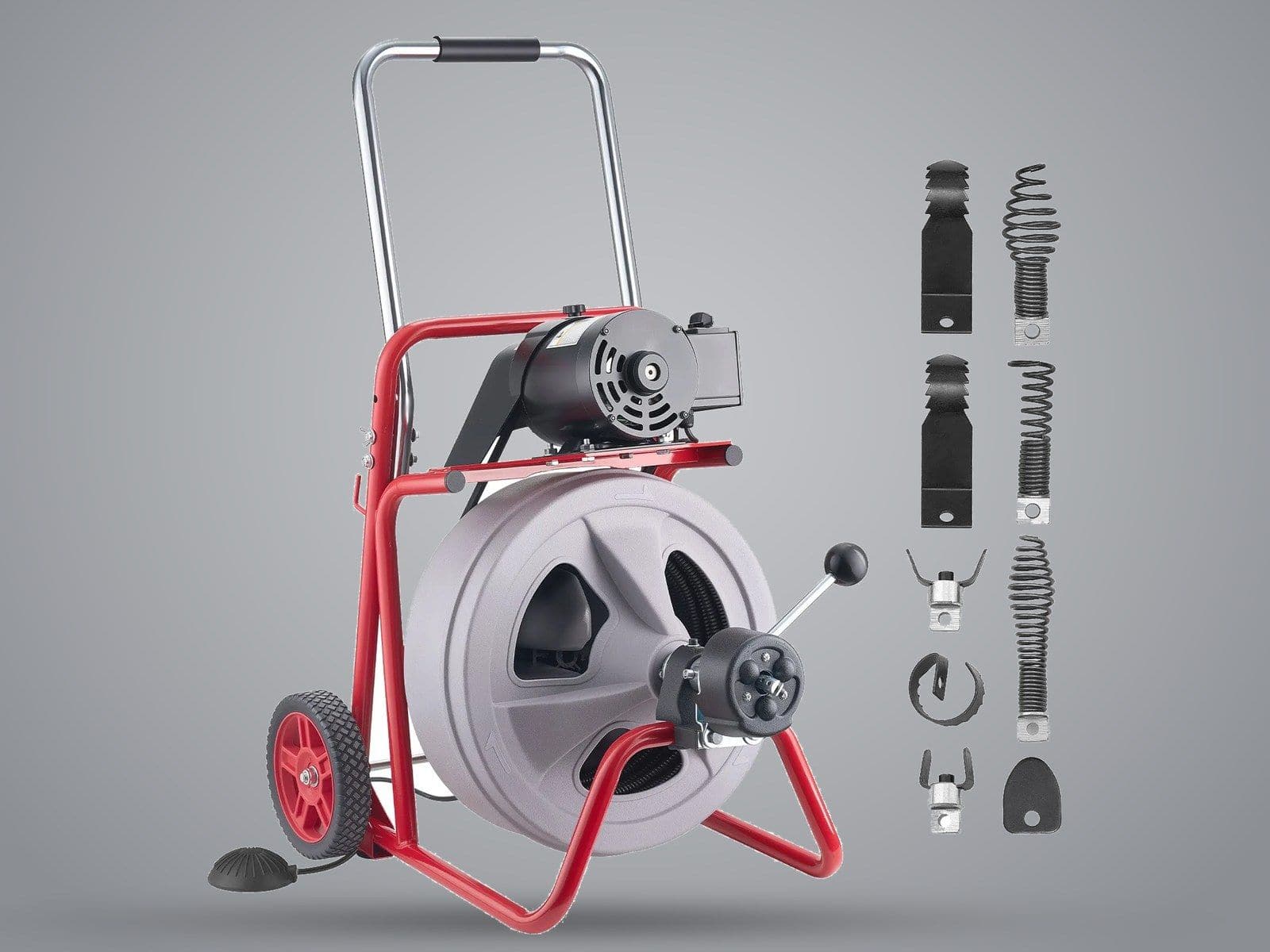 Red VEVOR drain cleaning machine on wheels with a gray cable drum, foot switch and eight cutter heads