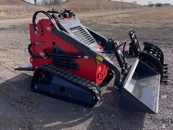 Red and black compact tracked mini skid steer with bucket and grapple attachments